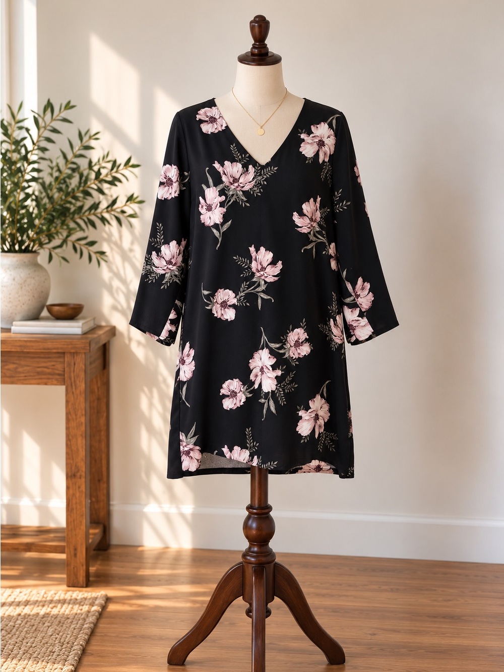 Dynamite Black Pink Floral Shift Dress Large Romantic Office Chic